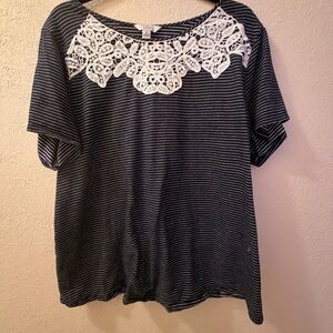 Croft & Barrow Navy and White Striped Blouse with Lace Detail